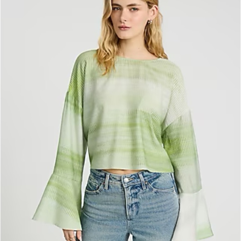 Express Printed Crew Neck Bell Sleeve Tie Back Top